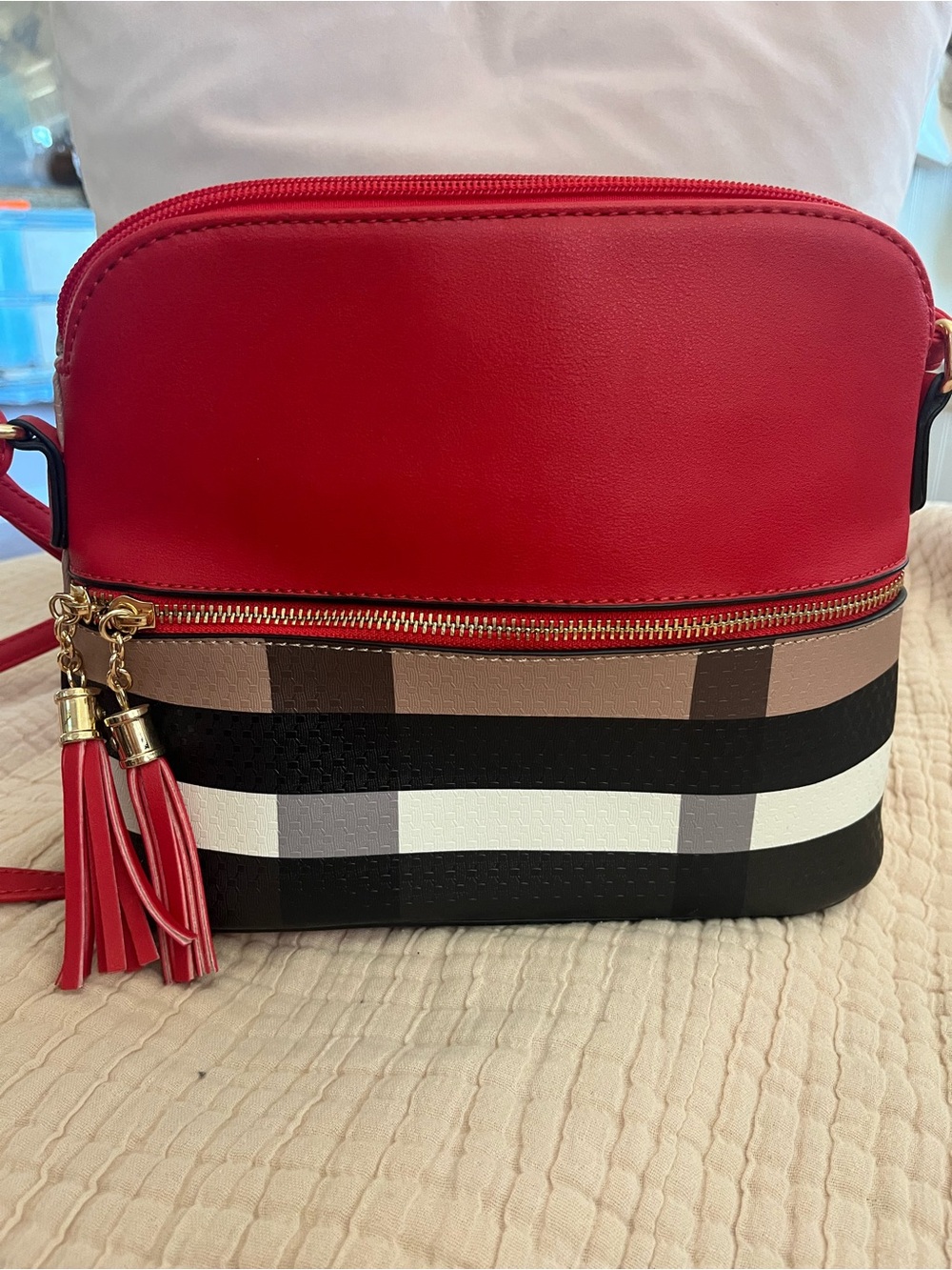 Red Plaid Crossbody Bag with Tassel Accent